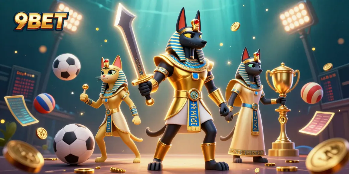 Win with 9BET's thrilling sports action, featuring Anubis and Bastet in a dynamic casino scene.