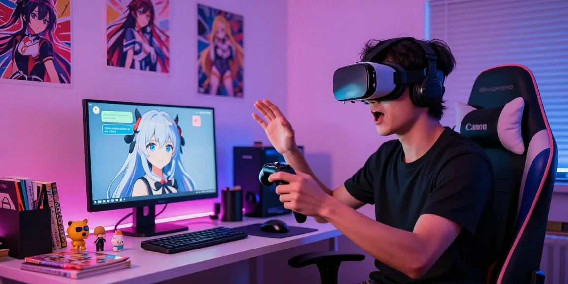 Vibrant anime bedroom with an AI chat hentai experience, showcasing engaging virtual interactions and colorful decor.