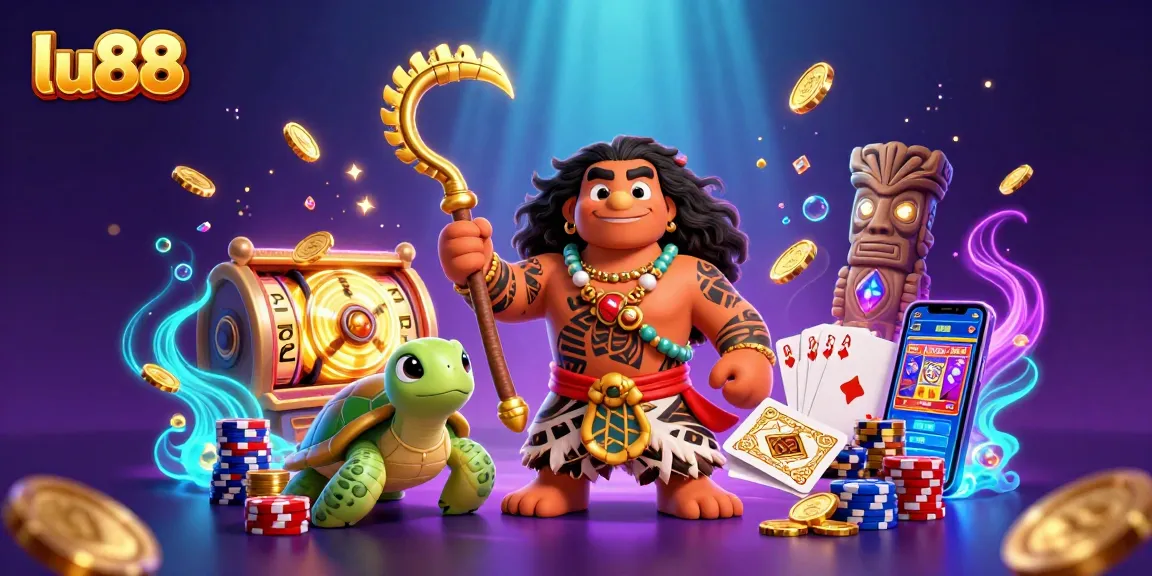 Experience thrilling gameplay at lu88 with vibrant 3D characters, cascading coins, and slot machine action.