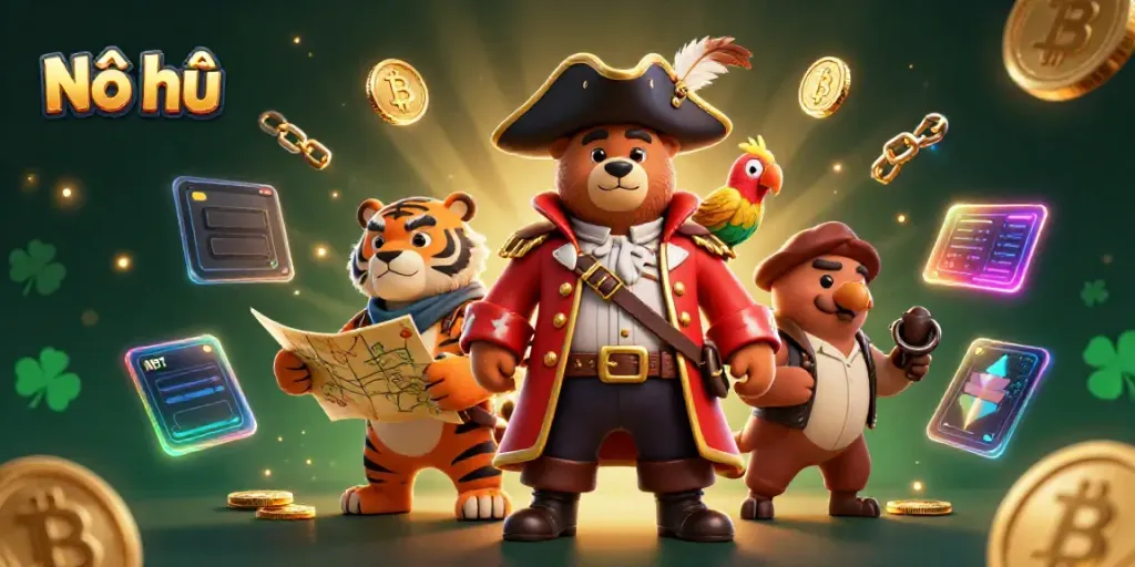 Nổ hũ gameplay featuring a pirate captain bear, a tiger, and crypto elements in a vibrant casino scene