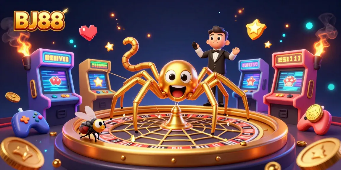 BJ88 showcases a vibrant casino scene with a golden spider and croupier, highlighting exciting betting action.