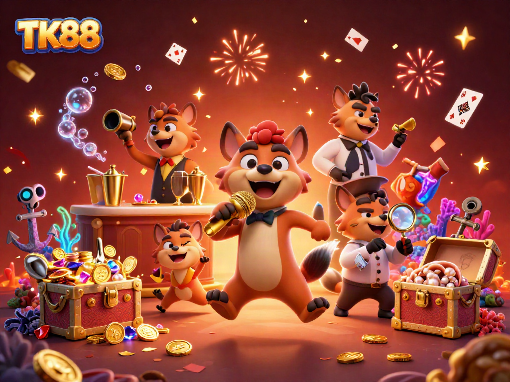 Experience the lively TK88 casino vibe with animated hyenas in a vibrant setting full of treasure.