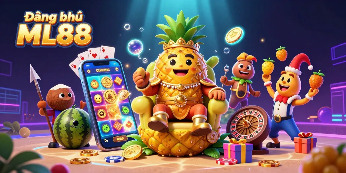 Join Đăng ký ML88 with vibrant gaming action featuring a golden pineapple king and exciting casino elements.