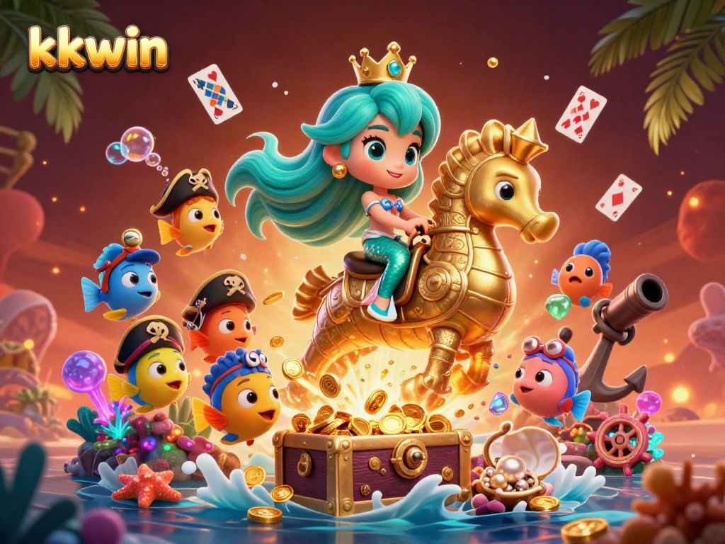 Bet on kkwin with vibrant casino magic, featuring a mermaid and seahorse amidst golden treasures.