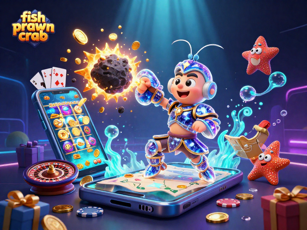 Engage with the thrilling fish prawn crab adventure, featuring dynamic 3D characters in a vibrant casino environment.