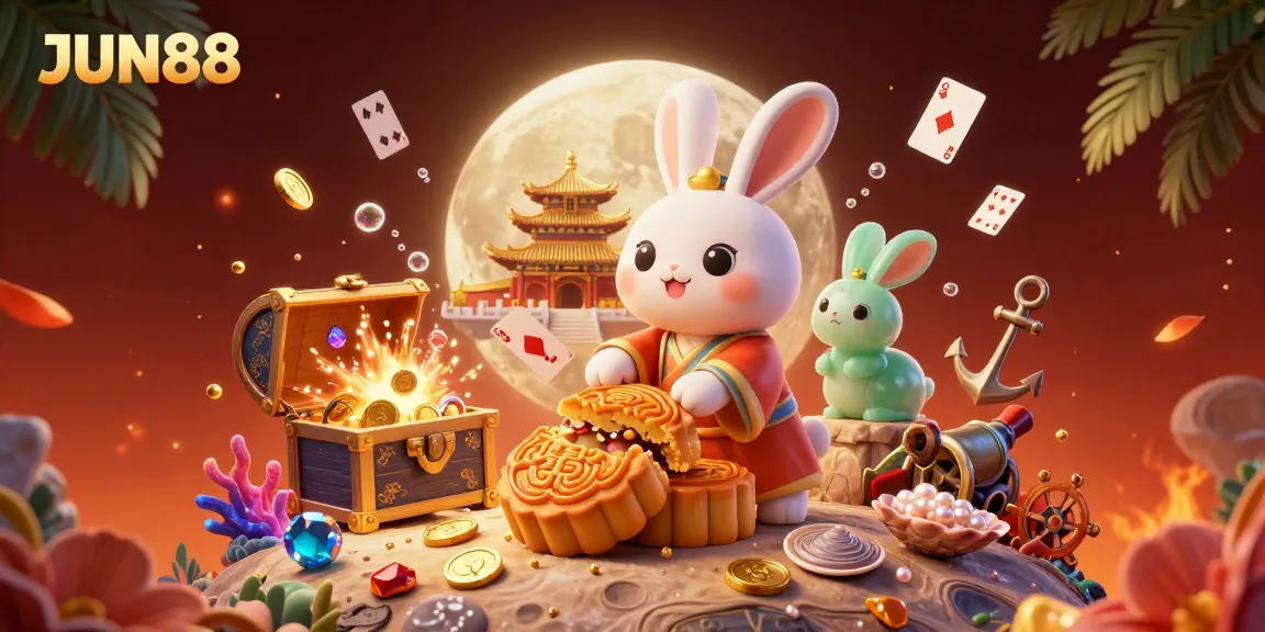 Experience the fun of JUN88 with a magical 3D illustration showcasing vibrant gaming elements.