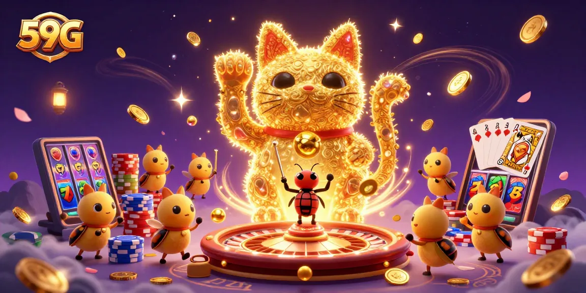 Engage with the vibrant 59G casino scene celebrating luck with golden fireflies and casino symbols.