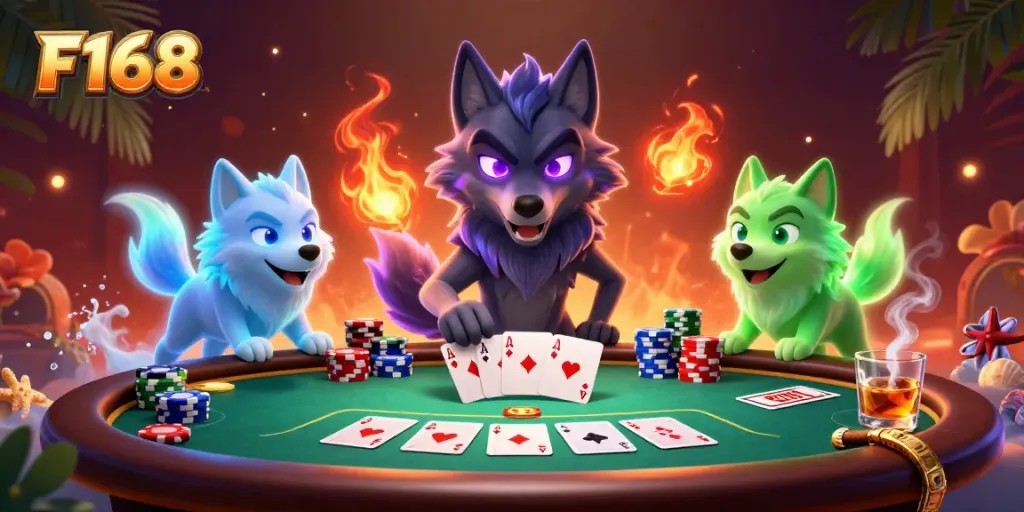 Bet at F168 with a dynamic scene featuring spectral wolf characters and vibrant poker elements.