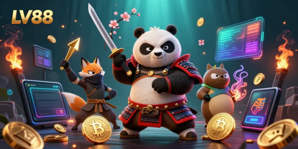 Experience the excitement of winning at LV88 with a dynamic casino-themed illustration featuring samurai and fox characters.