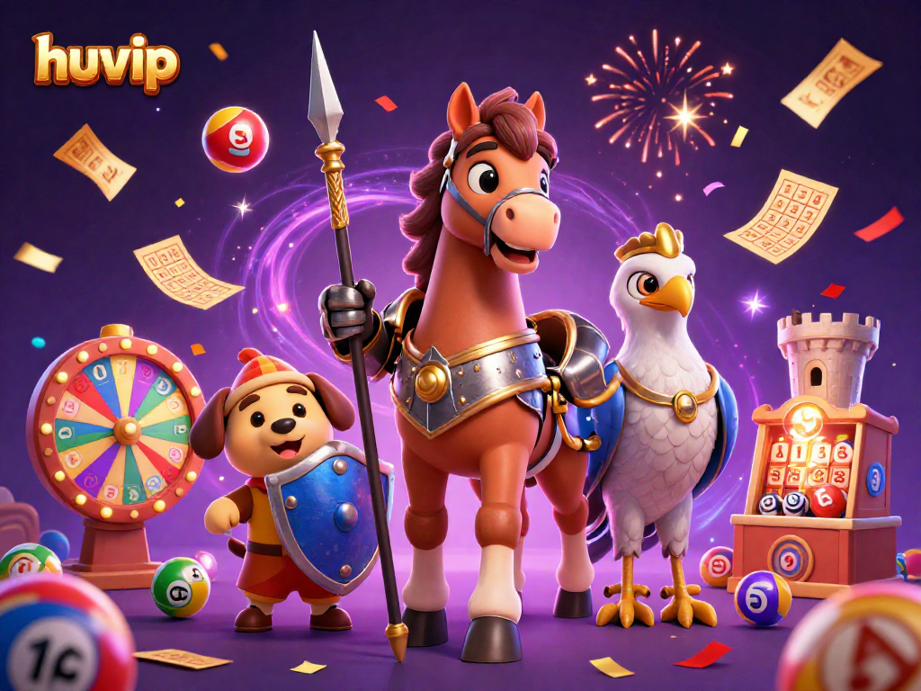 Join the thrilling action at huvip with knights, vibrant lottery balls, and exciting game elements.
