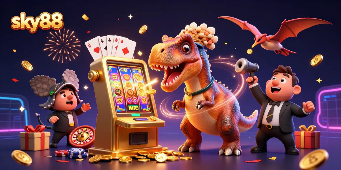 Sky88 illustration of a pachycephalosaurus winning coins from a slot machine, capturing the excitement of gaming.