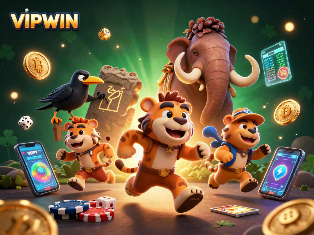 Engage in thrilling VIPWIN casino action with our prehistoric characters in a colorful 3D scene.
