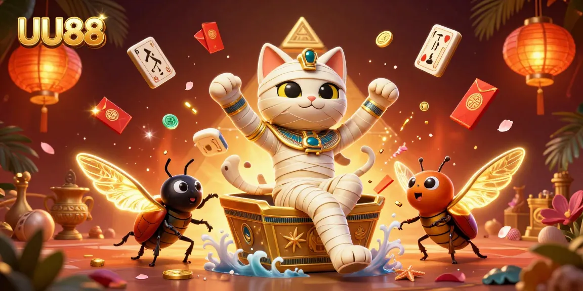 UU88 casino scene featuring an Egyptian mummy cat and a golden scarab beetle, bursting with gambling elements.