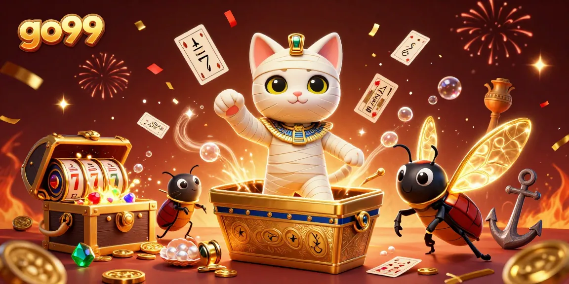 Experience the thrill at go99 with the mummy cat and glowing scarab in a vibrant casino scene.