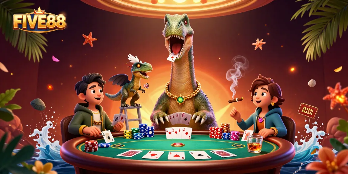 Experience the excitement of FIVE88 with a dynamic 3D casino scene featuring colorful poker elements.