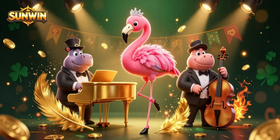 SUNWIN vibrant casino scene featuring a flamingo singer and hippo bassist surrounded by gold coins and betting tokens.