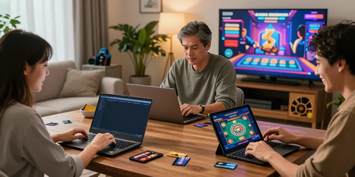 Players enjoying top rated credit card casinos on laptops and tablets in a vibrant online gaming atmosphere.