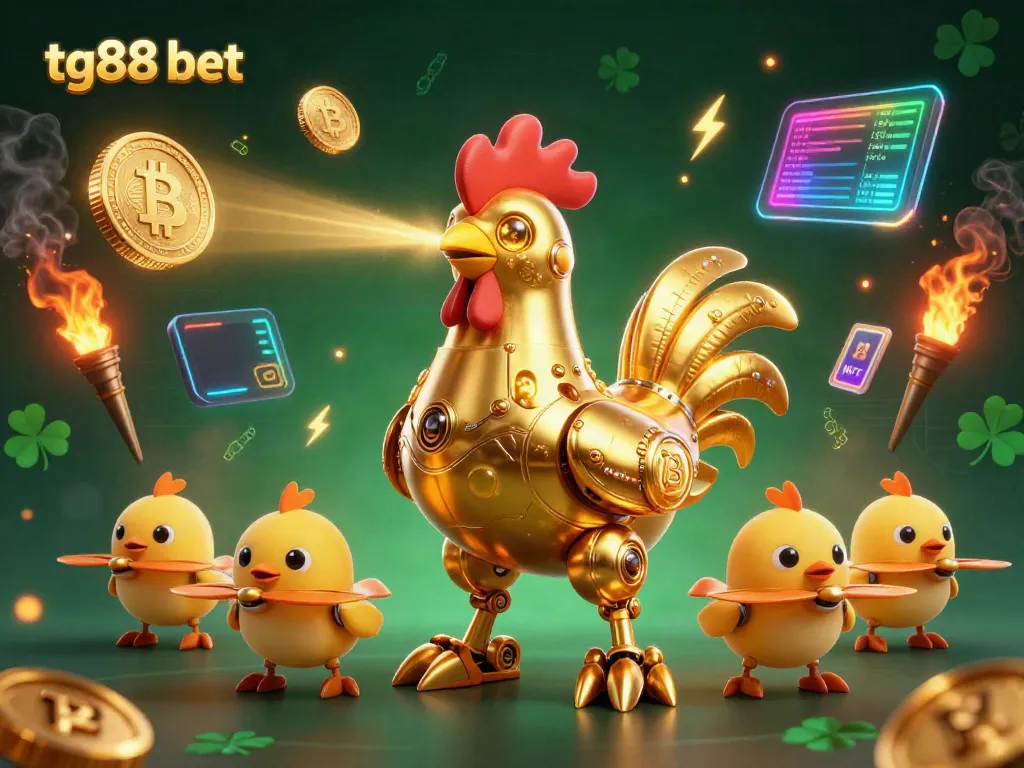 Engage in thrilling gameplay at tg88 bet with our vibrant futuristic casino scene featuring a golden rooster robot.