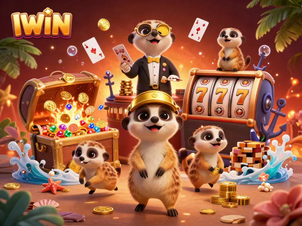 IWIN engages players in an exciting cartoon casino adventure featuring meerkats exploring slots and jackpots.