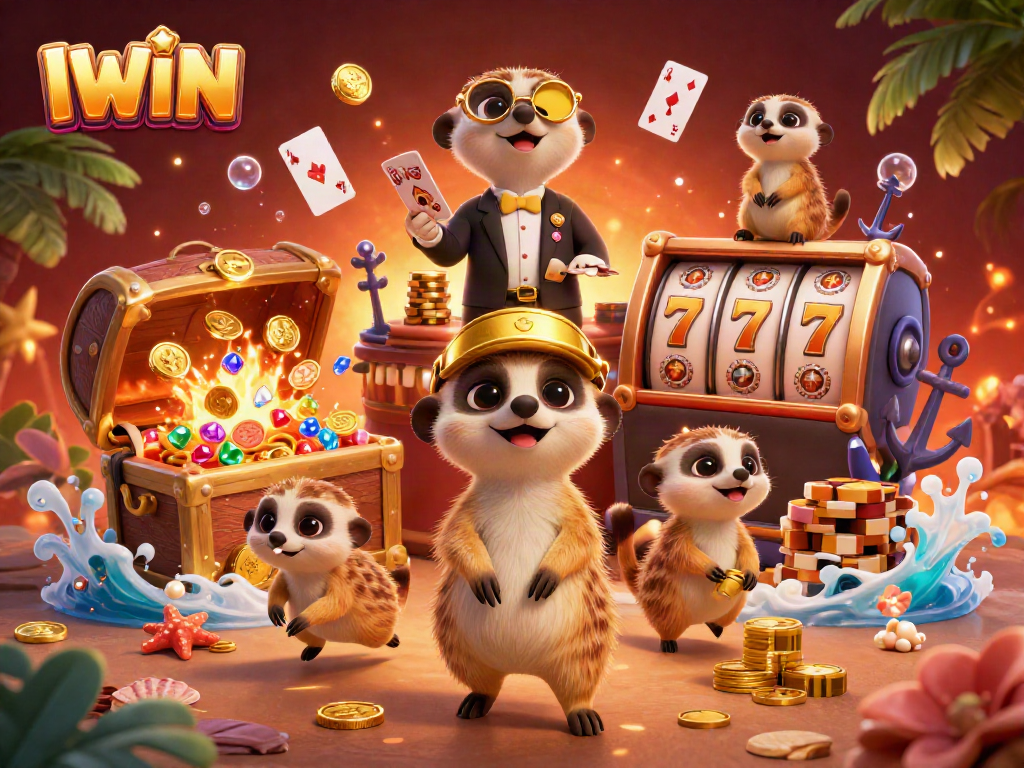 IWIN engages players in an exciting cartoon casino adventure featuring meerkats exploring slots and jackpots.