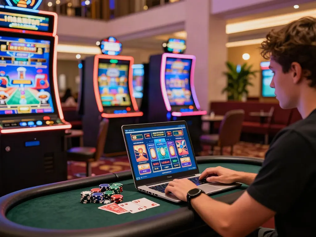 Engaging player at a UK casino not on GamStop, vibrant gaming setup with slot machines and cards.