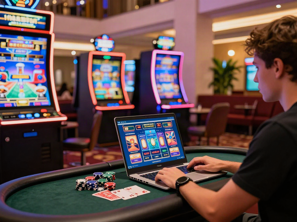 Engaging player at a UK casino not on GamStop, vibrant gaming setup with slot machines and cards.