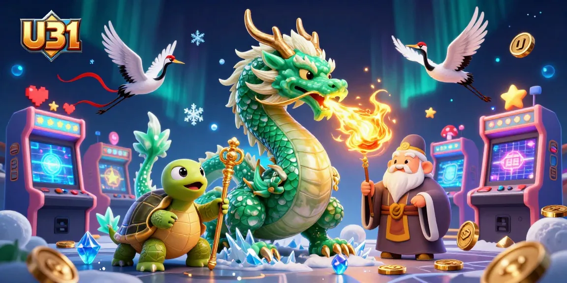 Experience U31 with a vivid 3D casino scene featuring a dragon, turtle, and lucky cranes amidst dynamic game elements.