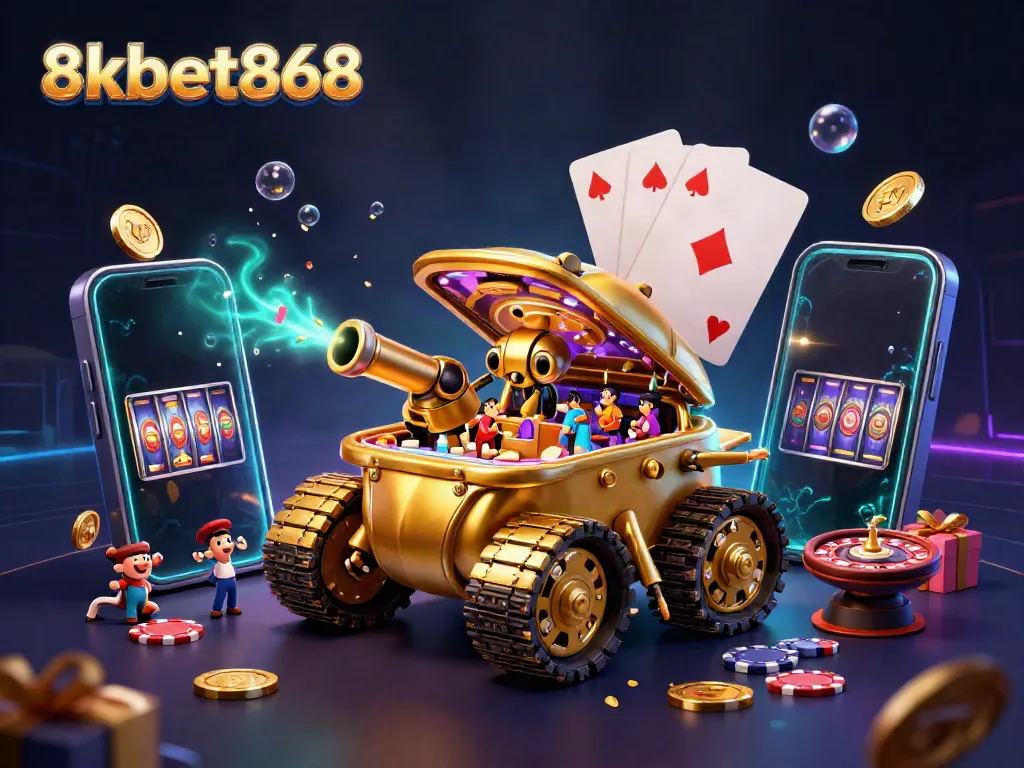 Experience 8xbet868’s animated casino action with a golden beetle tank revealing lively games.