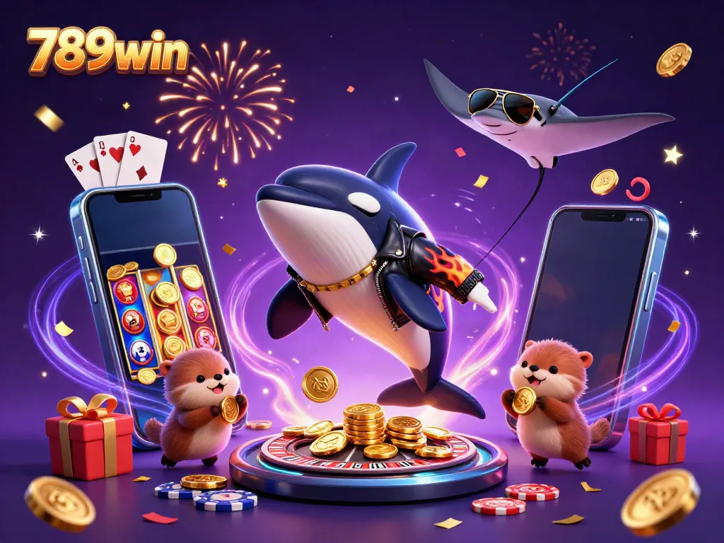 Engage with the thrilling world of 789win featuring animated ocean characters celebrating with golden coins.