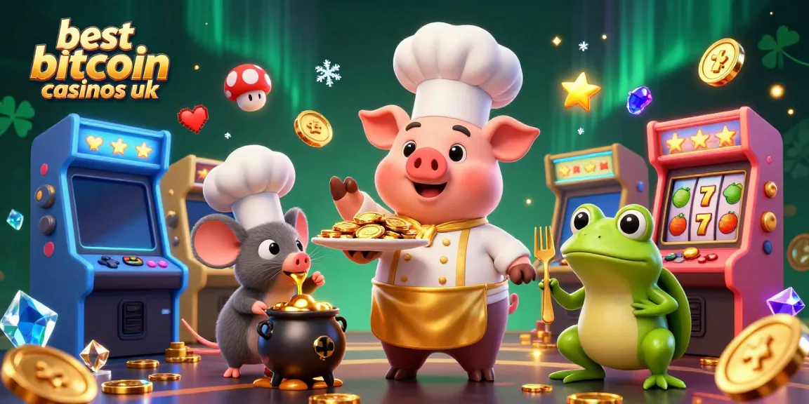 Chef pig serving gold coins at best bitcoin casinos uk illustration with vibrant casino games.