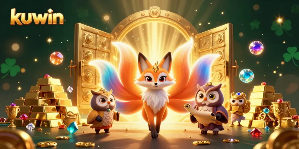 Kuwin's vibrant gaming world comes alive with the nine-tailed fox spirit surrounded by riches and energy.