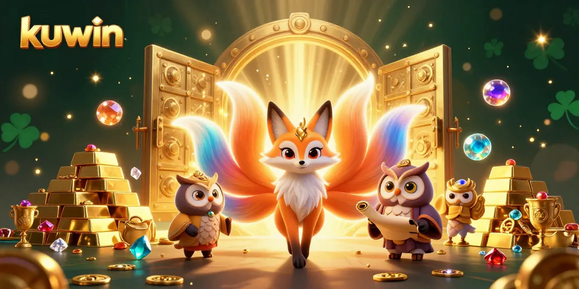 Kuwin's vibrant gaming world comes alive with the nine-tailed fox spirit surrounded by riches and energy.