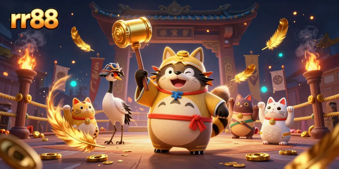 rr88 offers a gaming paradise with a cheerful tanuki, samurai crane, and maneki-neko in a vibrant casino scene.