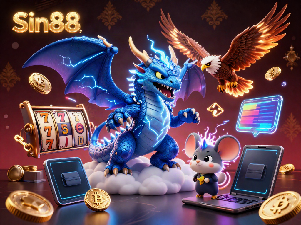 Experience thrilling wins at Sin88 with a vivid illustration showcasing dynamic casino elements.