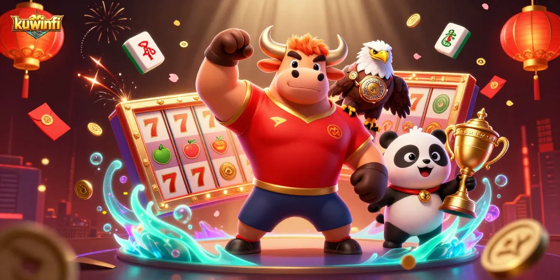 Kuwinfi showcases an energetic scene with a muscular bull, eagle, and panda amidst celebratory slot reels and vibrant gaming elements.