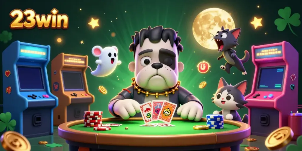 Experience thrilling gaming with 23win, featuring a lively scene with unique characters and exciting casino elements.