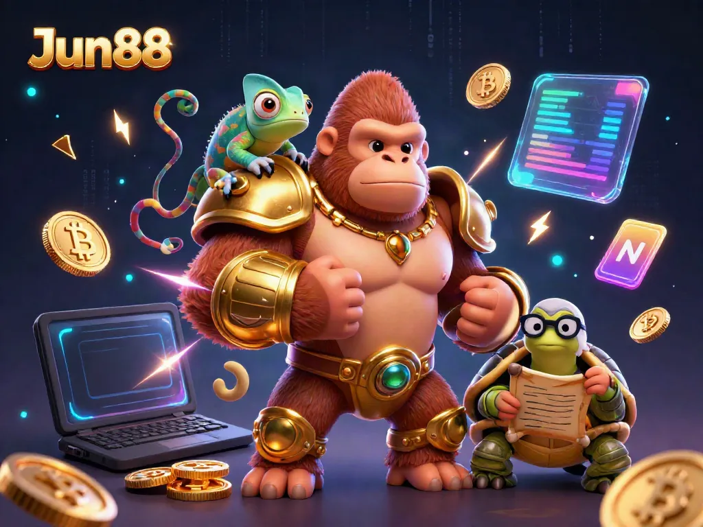 Engage in thrilling gameplay at Jun88 with an illustrated scene featuring a powerful gorilla, a chameleon, and a wise tortoise in a vibrant casino environment.