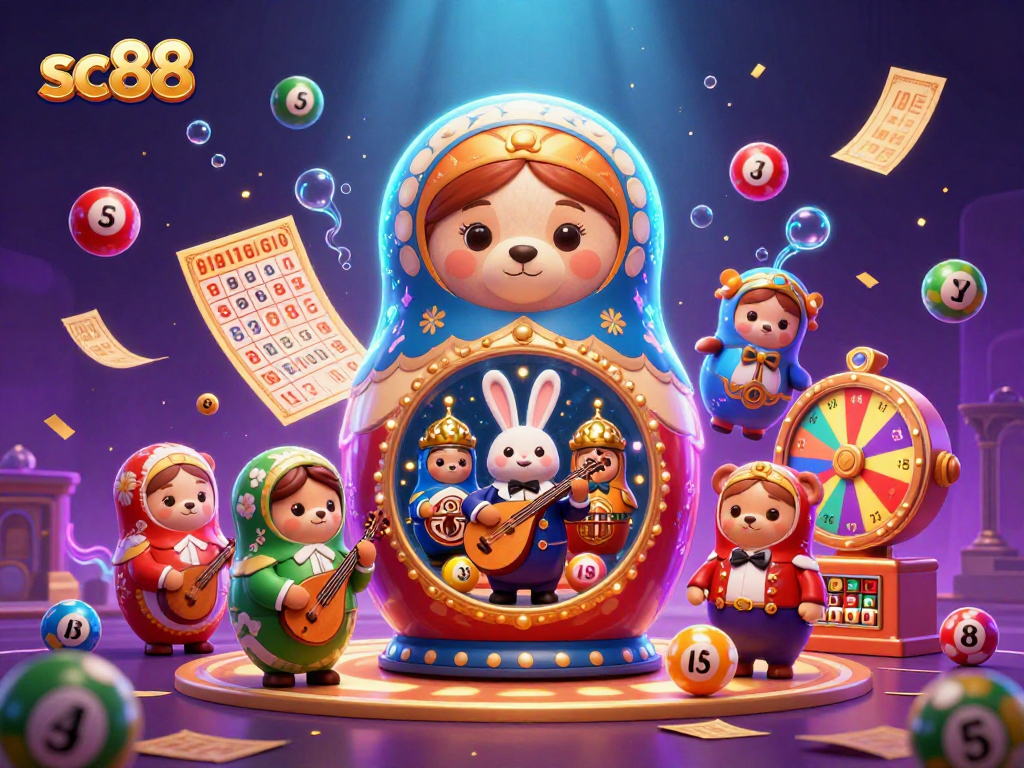 Engage with sc88 through vibrant lottery games, featuring colorful balls and animated prizes in a lively scene.