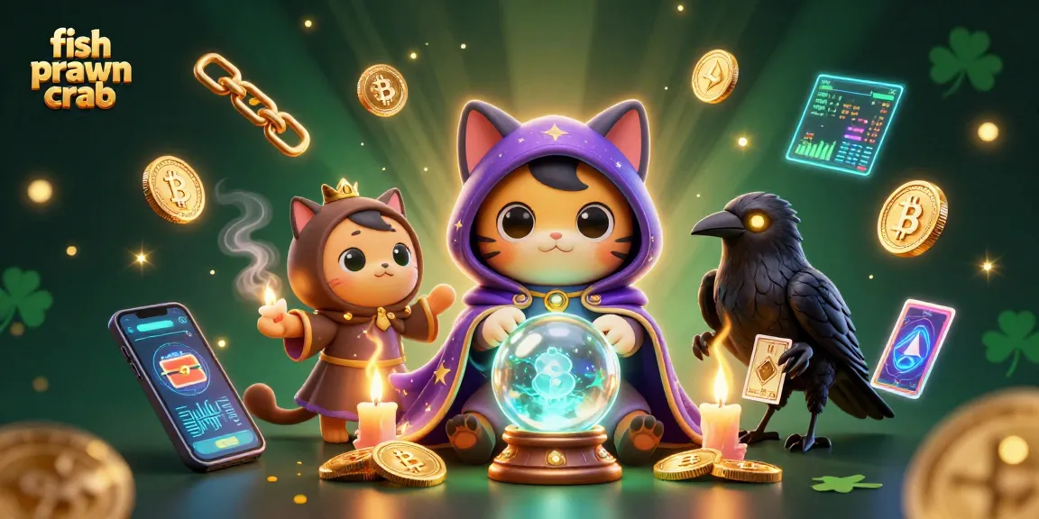Engage in fish prawn crab gameplay under the mystic cat's fortune with tarot and crypto vibes.