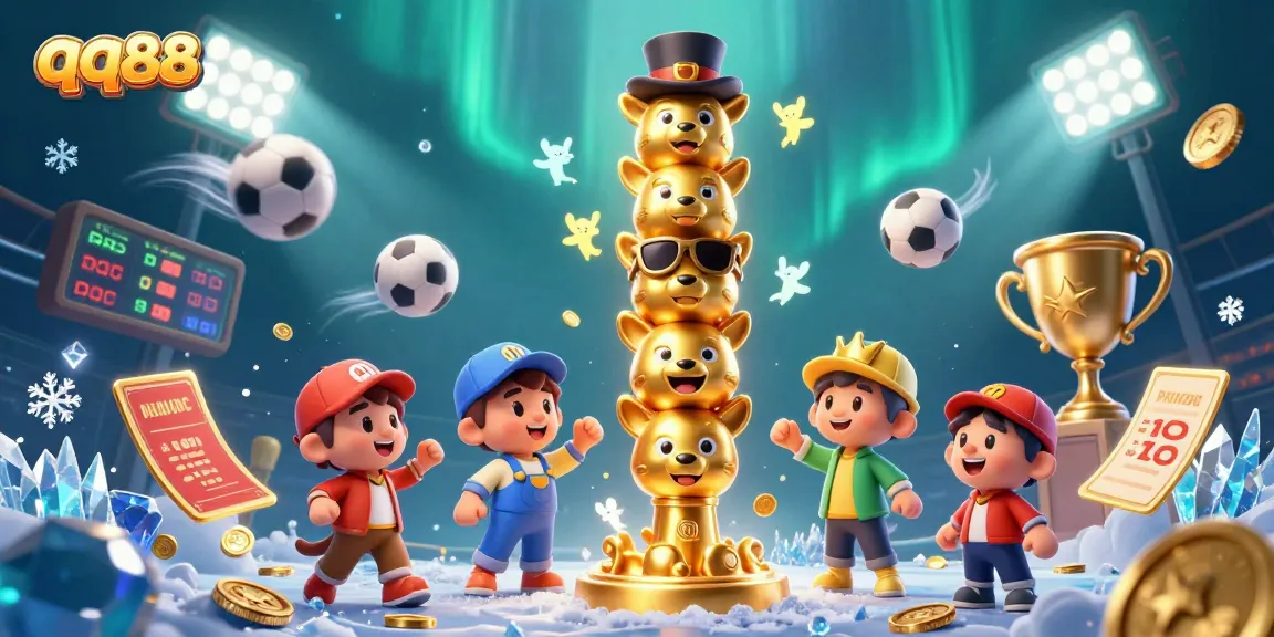 Bet on qq88 with a lively 3D casino scene featuring animated totem and vibrant sports elements.