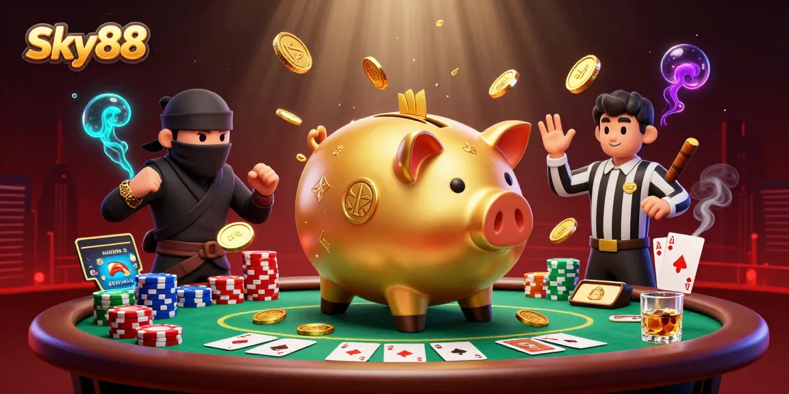 Sky88 showcases a vibrant 3D scene with cartoon characters engaged in exciting casino action.