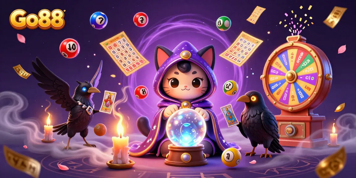 Go88 illustrates a mystical gaming scene with a fortune teller cat and vibrant lottery elements.