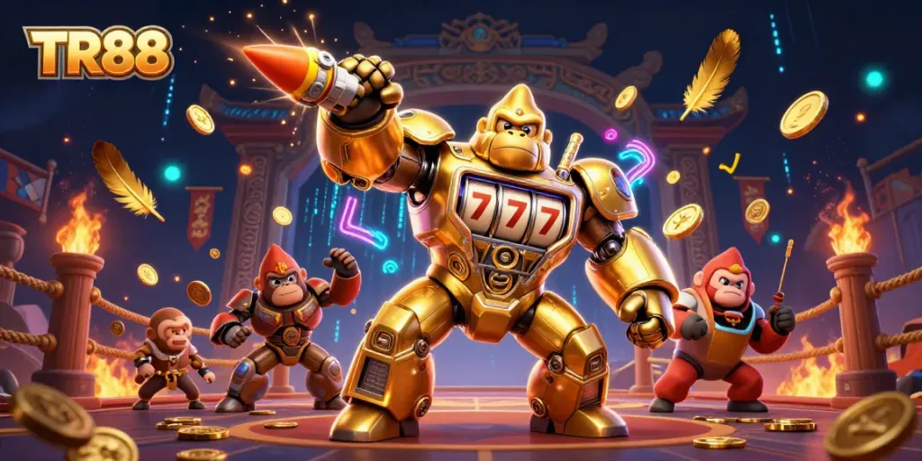 Engage with the thrilling TR88 action as a golden gorilla mech punches up, raining coins in a vibrant casino arena.