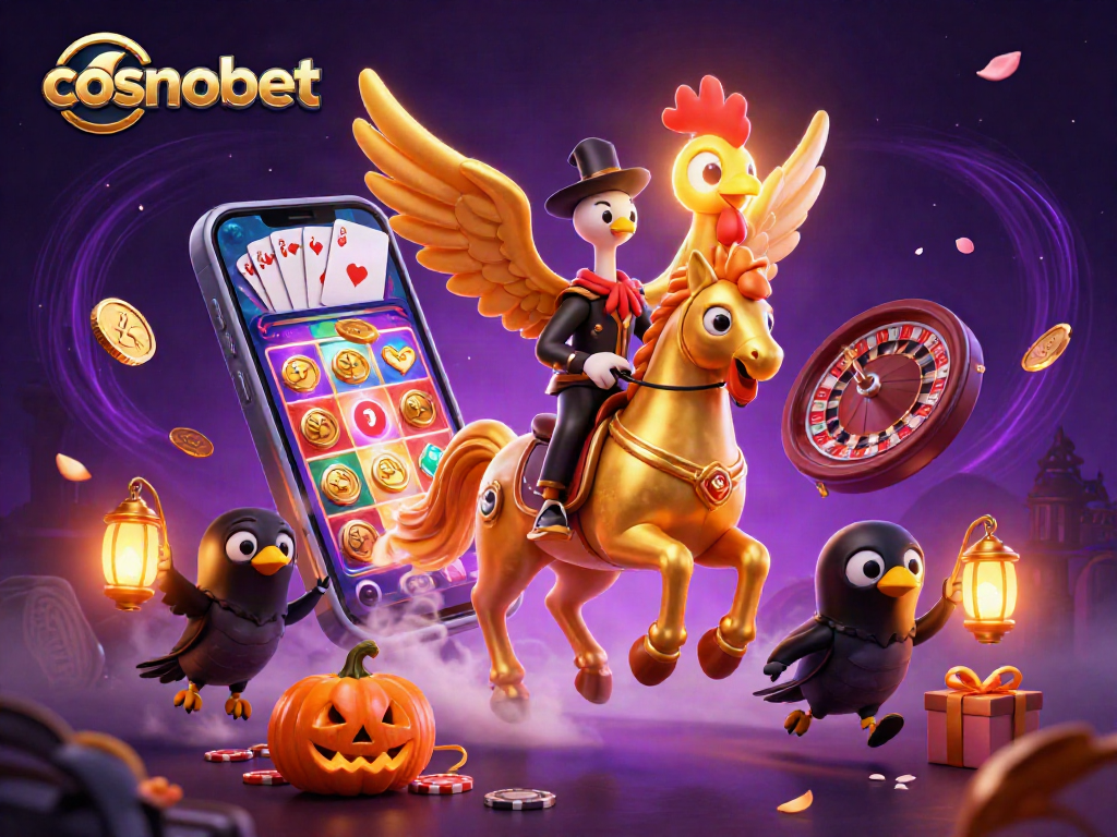 Experience the vibrant action at cosmobet with a golden rooster and its companions in a mystical casino setting.