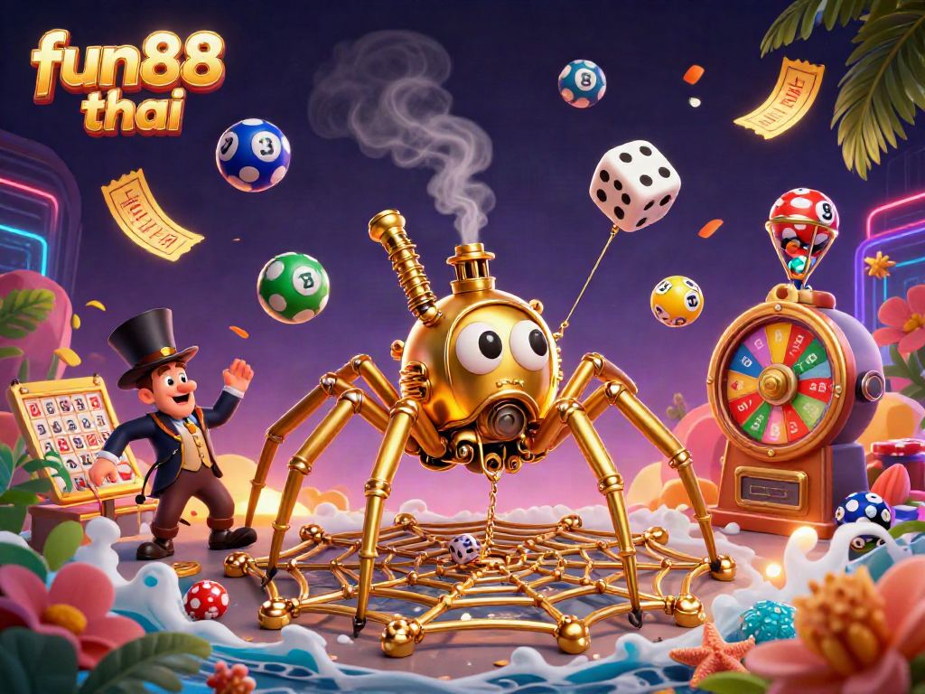 Engage with fun88 thai as the steampunk spider captures dice in a vibrant casino-themed illustration.
