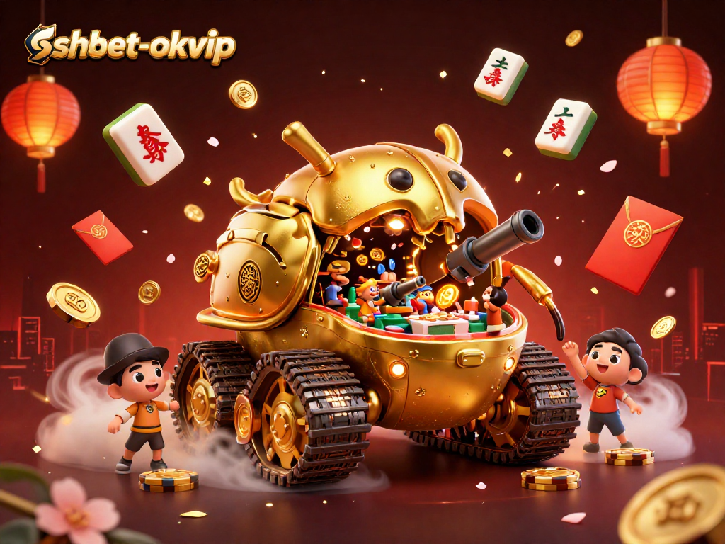 Join the excitement at shbet-okvip with a golden beetle tank casino illustration, surrounded by vibrant festive elements.