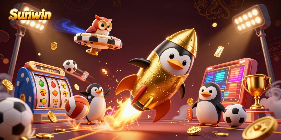 Experience thrilling gaming action at Sunwin with a golden penguin soaring toward a casino space station.
