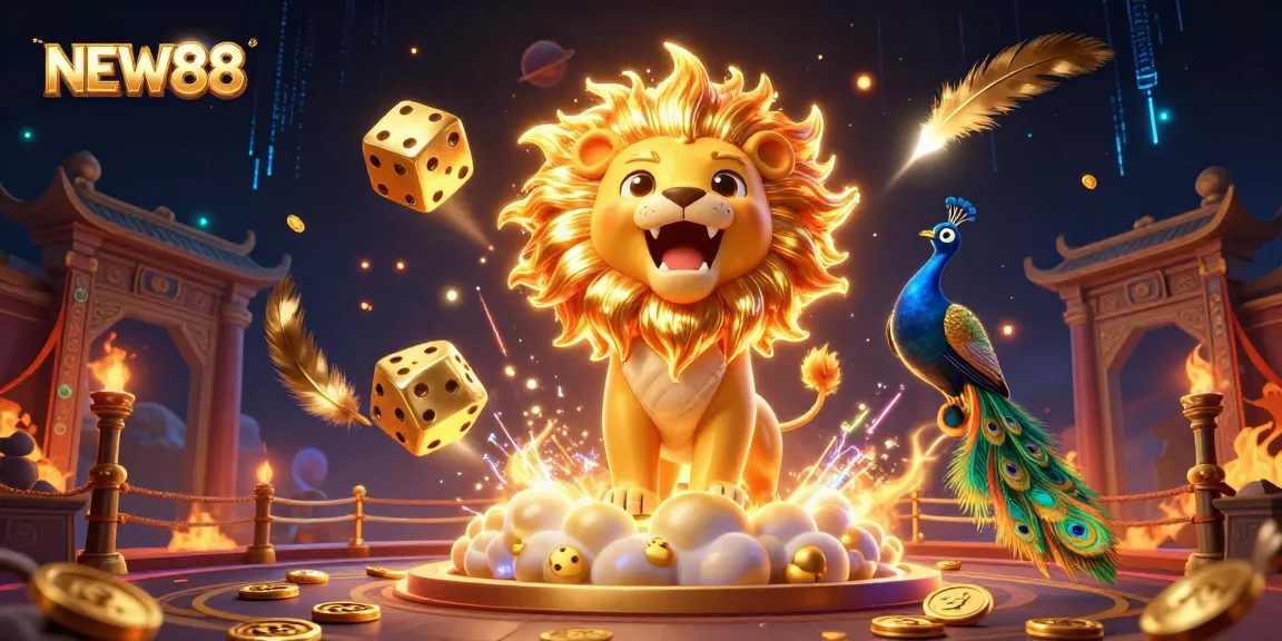 Experience excitement with NEW88 as the roaring sun lion and golden dice create a captivating casino scene.