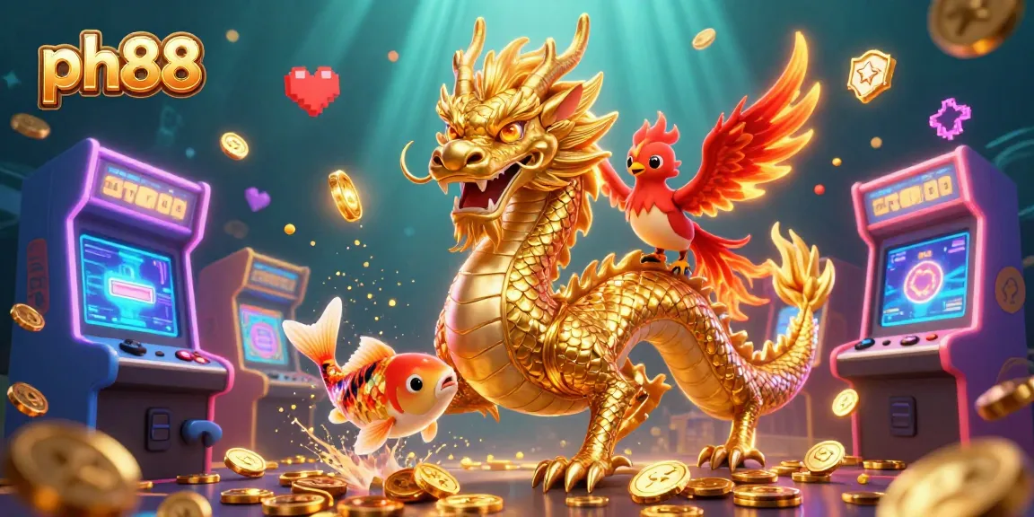 Experience the thrill of ph88 with vibrant creatures and arcade elements in this dynamic casino illustration.