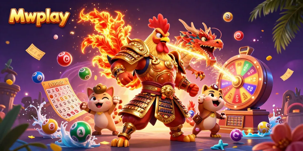 Win big at Mwplay with a dynamic scene featuring gaming characters and vibrant casino elements.